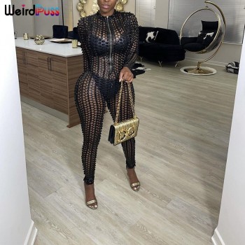 Weird Puss Hollow Out Women Skinny Jumpsuits Sexy Zipper Long Sleeve Activity Fitness Party Club See Through Streetwear Outfits